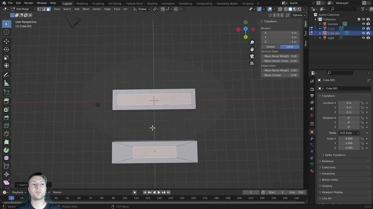 Màn hình Blender trong video hướng dẫn — Vì sao phải Apply Transforms — demo lỗi.
