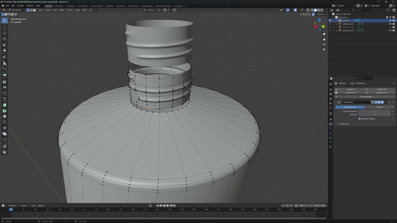 Màn hình Blender trong video hướng dẫn — Dựng tuýp mỹ phẩm từ Cylinder.