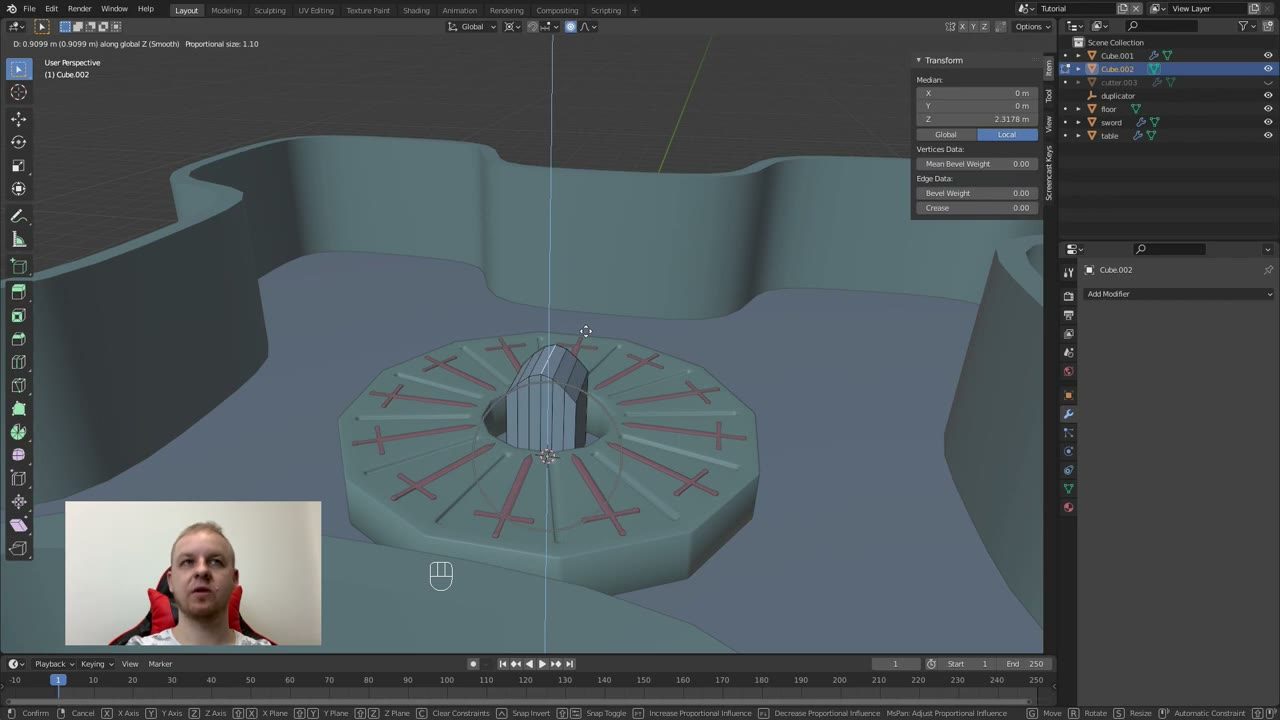 Màn hình Blender trong video hướng dẫn — Subsurf · Mirror · Bevel · Solidify · Boolean · Array.