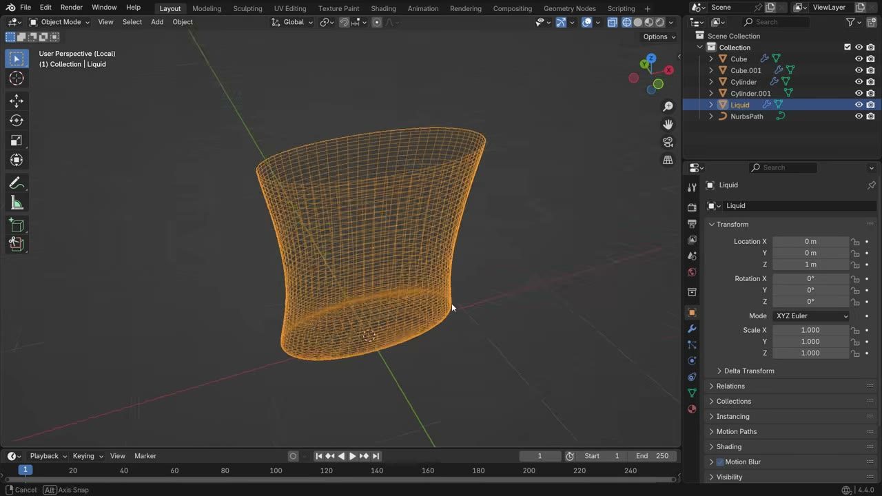 Màn hình Blender trong video hướng dẫn — Chai nước hoa Blender 4.4: shader kính & chất lỏng.