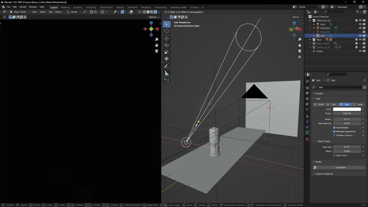 Màn hình Blender trong video hướng dẫn — Three Point Lighting cho product render.