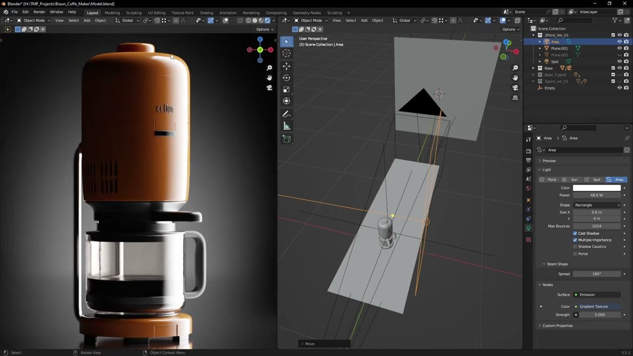 Màn hình Blender trong video hướng dẫn — Three Point Lighting cho product render.