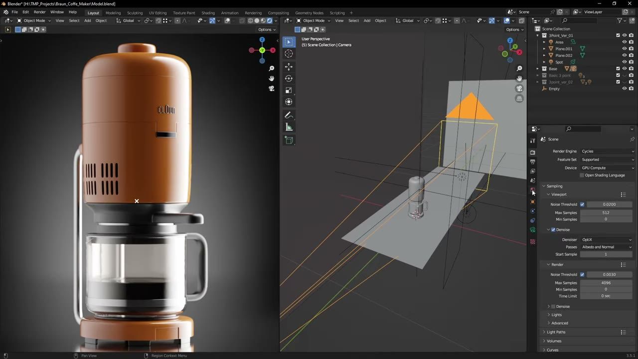 Màn hình Blender trong video hướng dẫn — Three Point Lighting cho product render.