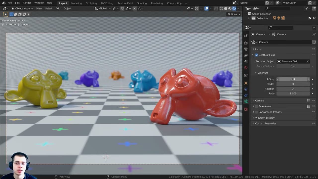 Màn hình Blender trong video hướng dẫn — Depth of Field trong 3 phút.