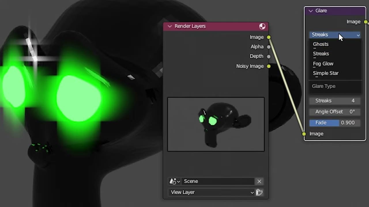Màn hình Blender trong video hướng dẫn — Glare node cho Cycles.