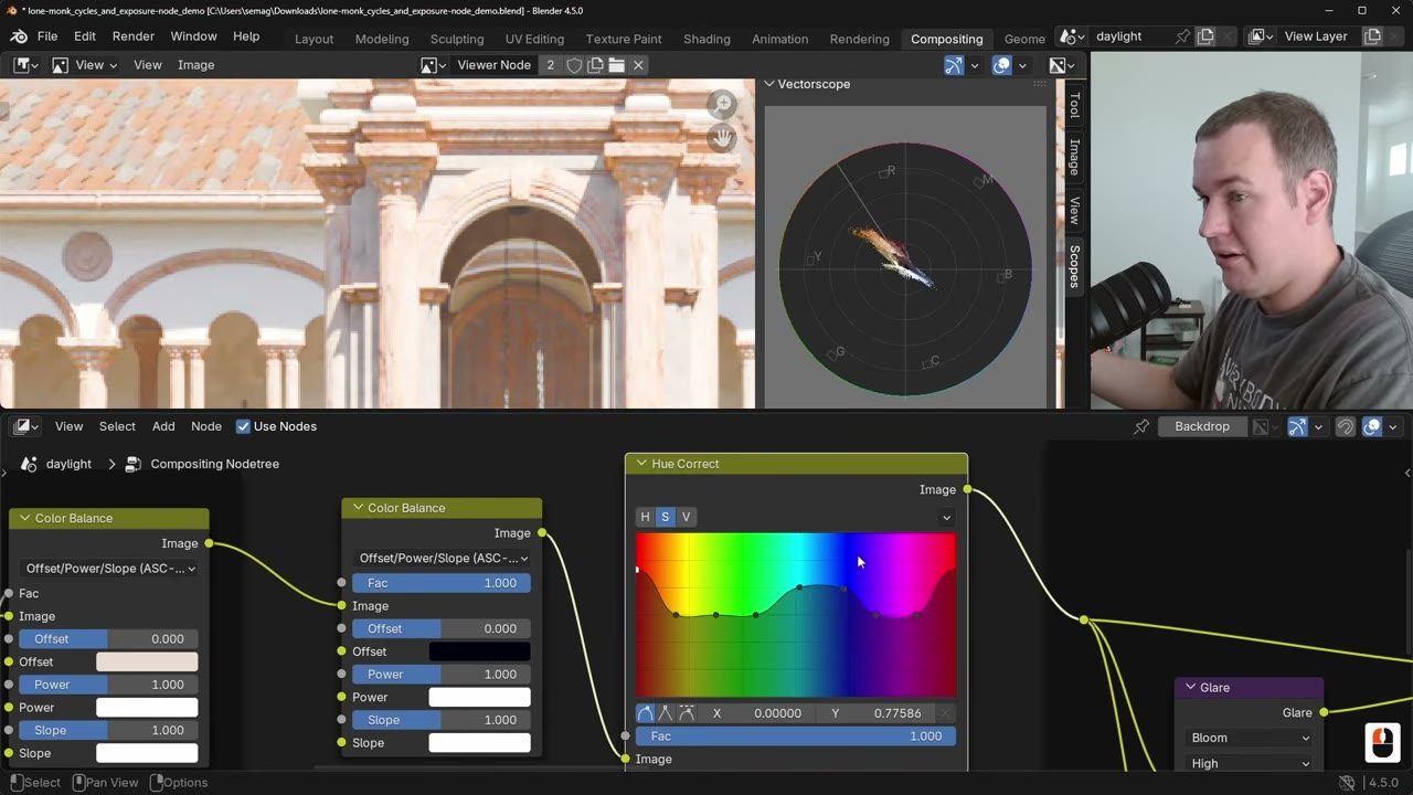 Màn hình Blender trong video hướng dẫn — Color grading & compositing Blender 4.5.