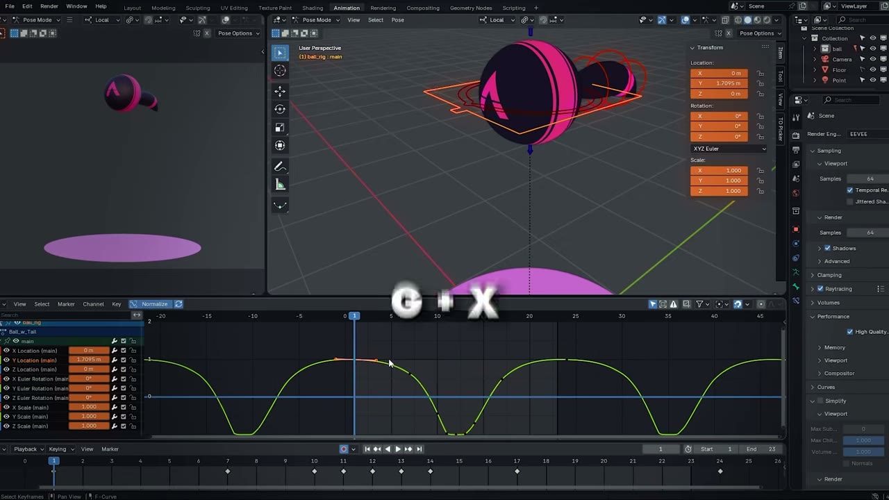 Màn hình Blender trong video hướng dẫn — Dùng Graph Editor như animator chuyên nghiệp.