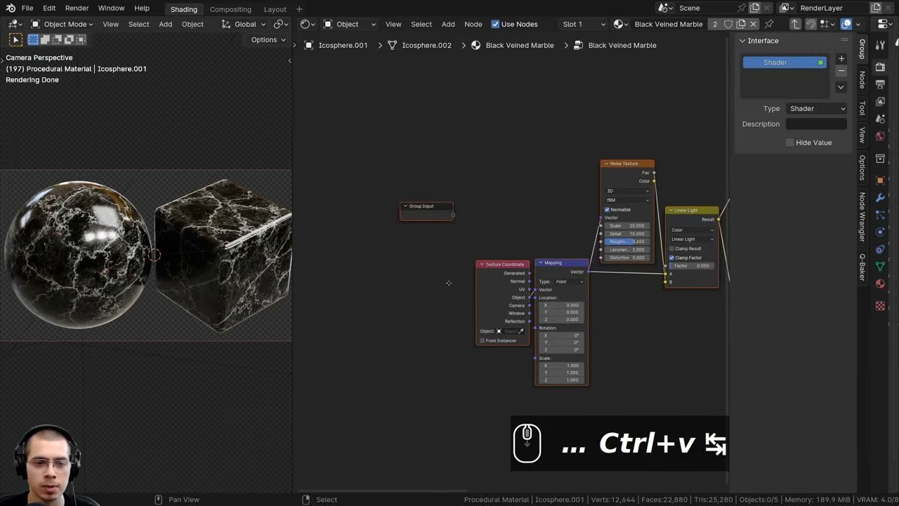 Màn hình Blender trong video hướng dẫn — Procedural Black Veined Marble.