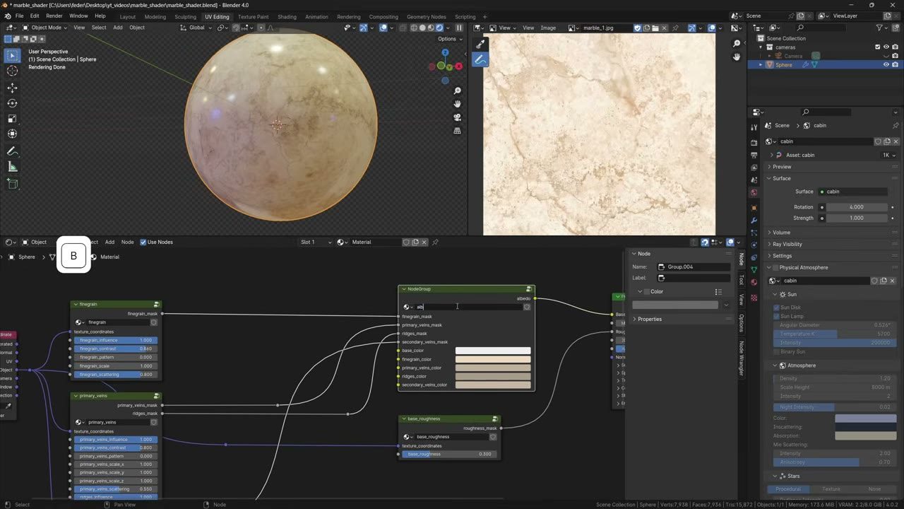 Màn hình Blender trong video hướng dẫn — Marble shader chân thực.