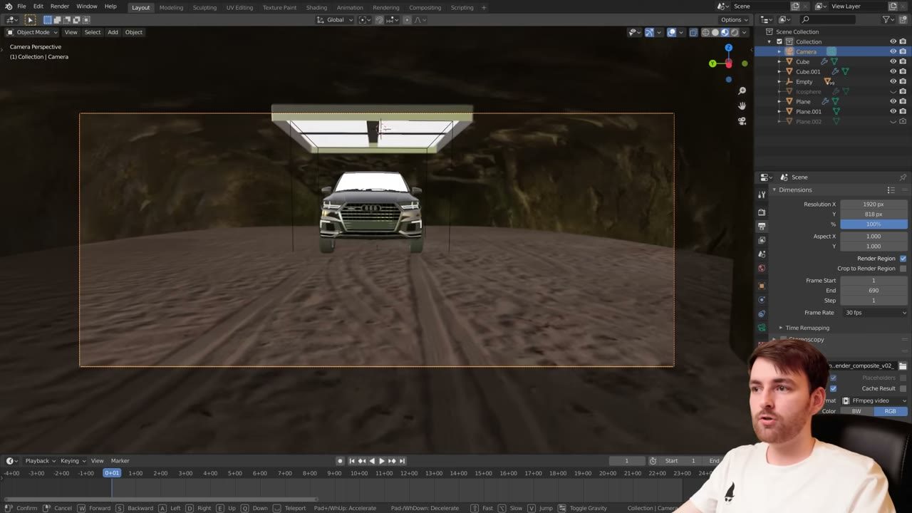 Màn hình Blender trong video hướng dẫn — Chuyển động camera mượt nhanh.