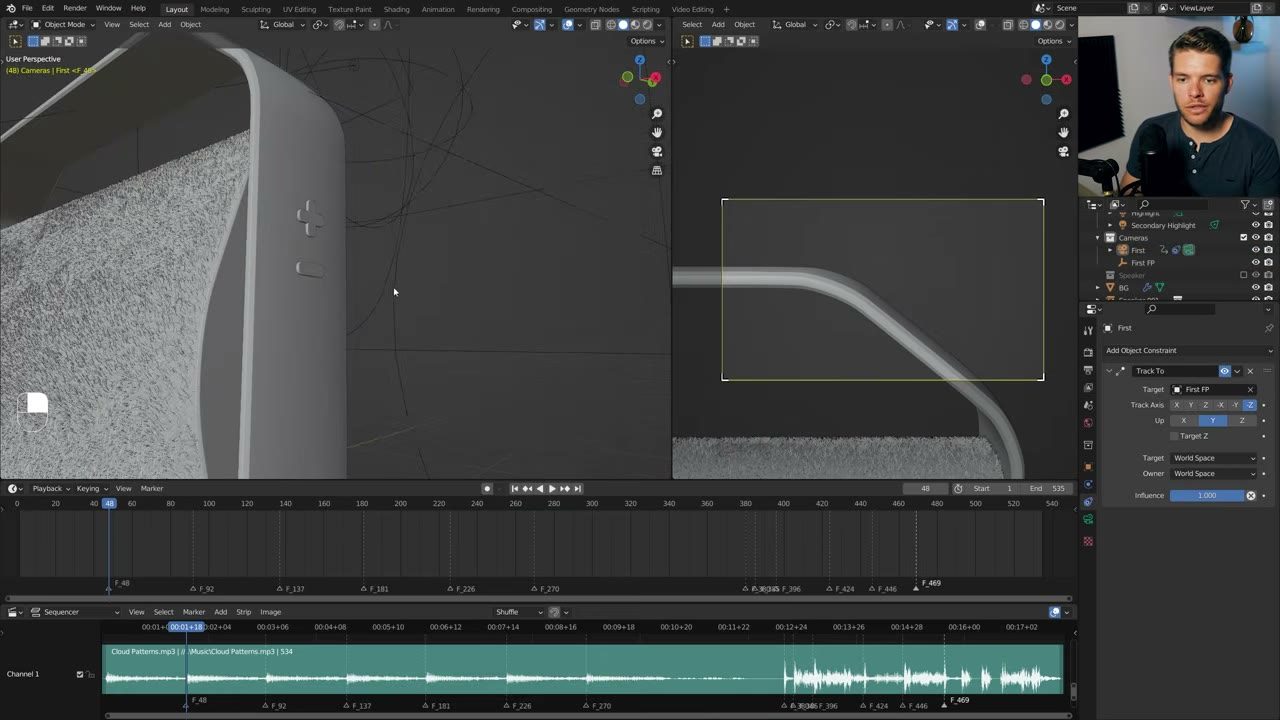 Màn hình Blender trong video hướng dẫn — Product animation nhiều camera.