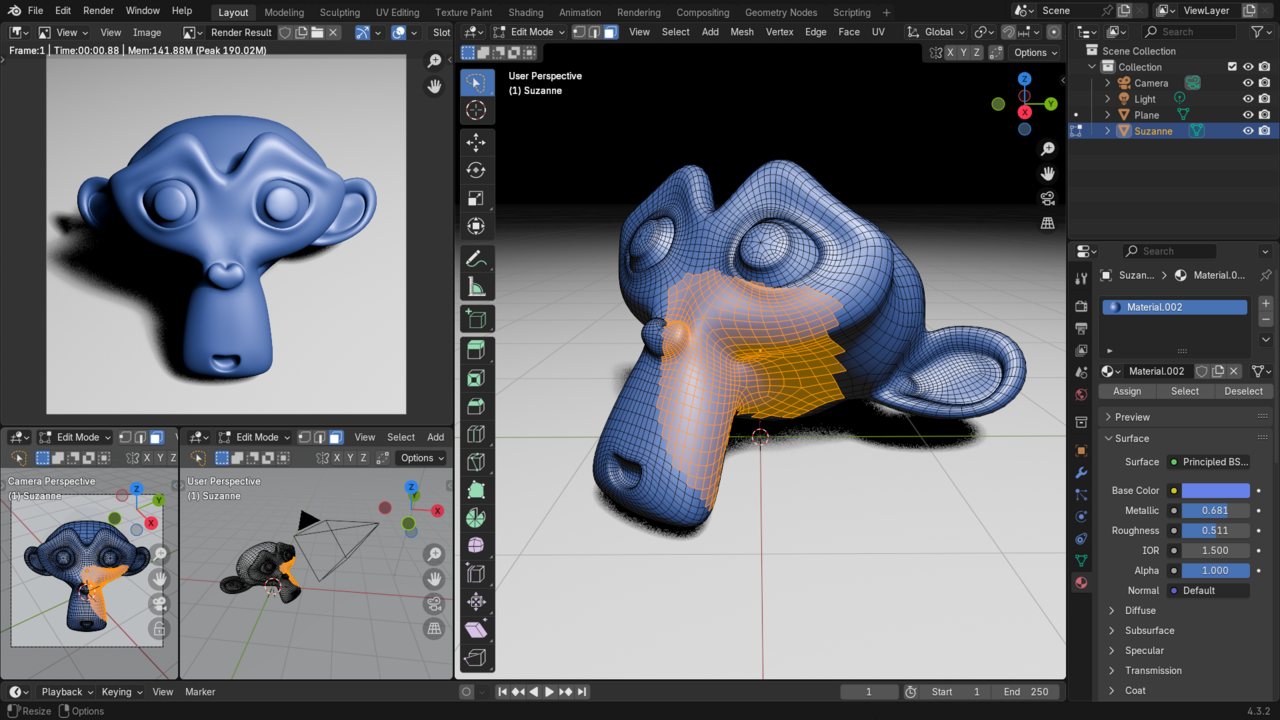 Giao diện Blender 4.x mặc định: Viewport, Outliner, Properties (Wikimedia · CC0).