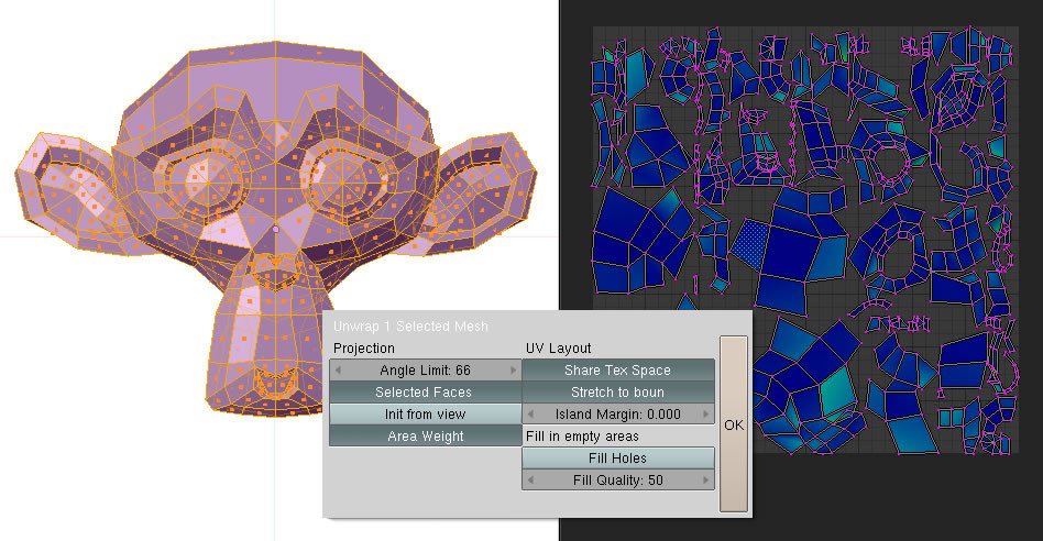 UV Editor thực tế: island (trái) và seam trên model (phải).