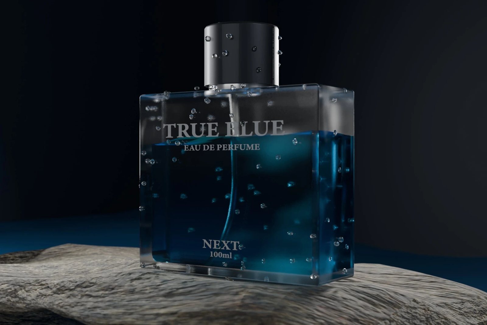 True Blue — kính, liquid xanh, bọt khí, nhãn decal.